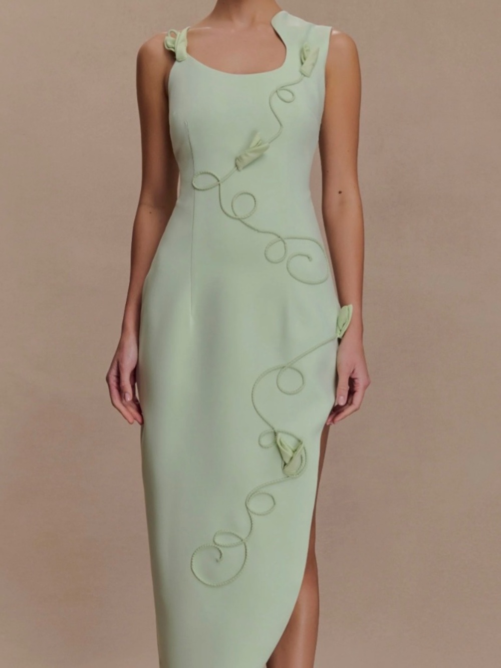 Green 3D Floral Midi Meshki Dress with Stylish Slit